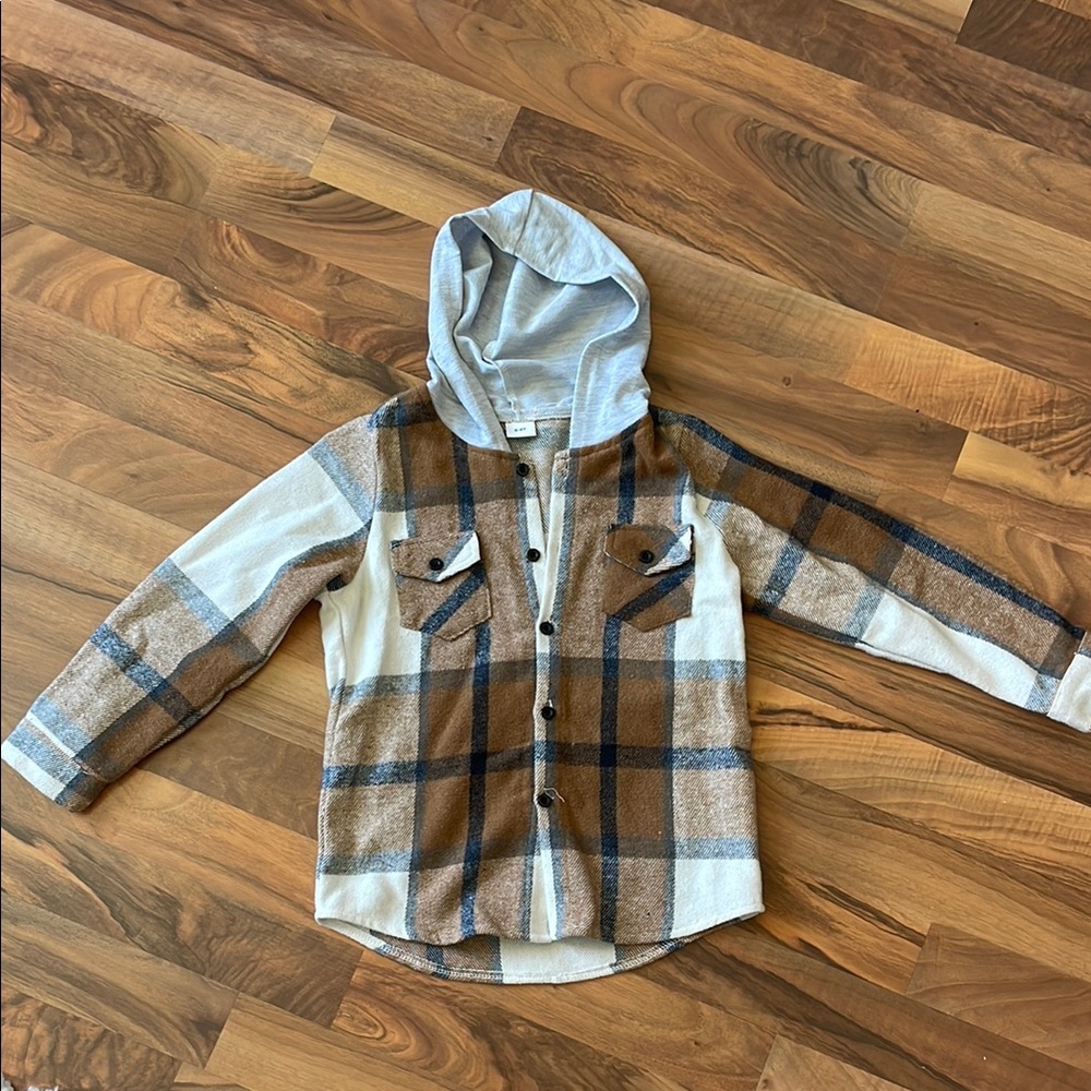 Casual Brown and Grey Plaid Button Down Shirt with Hood